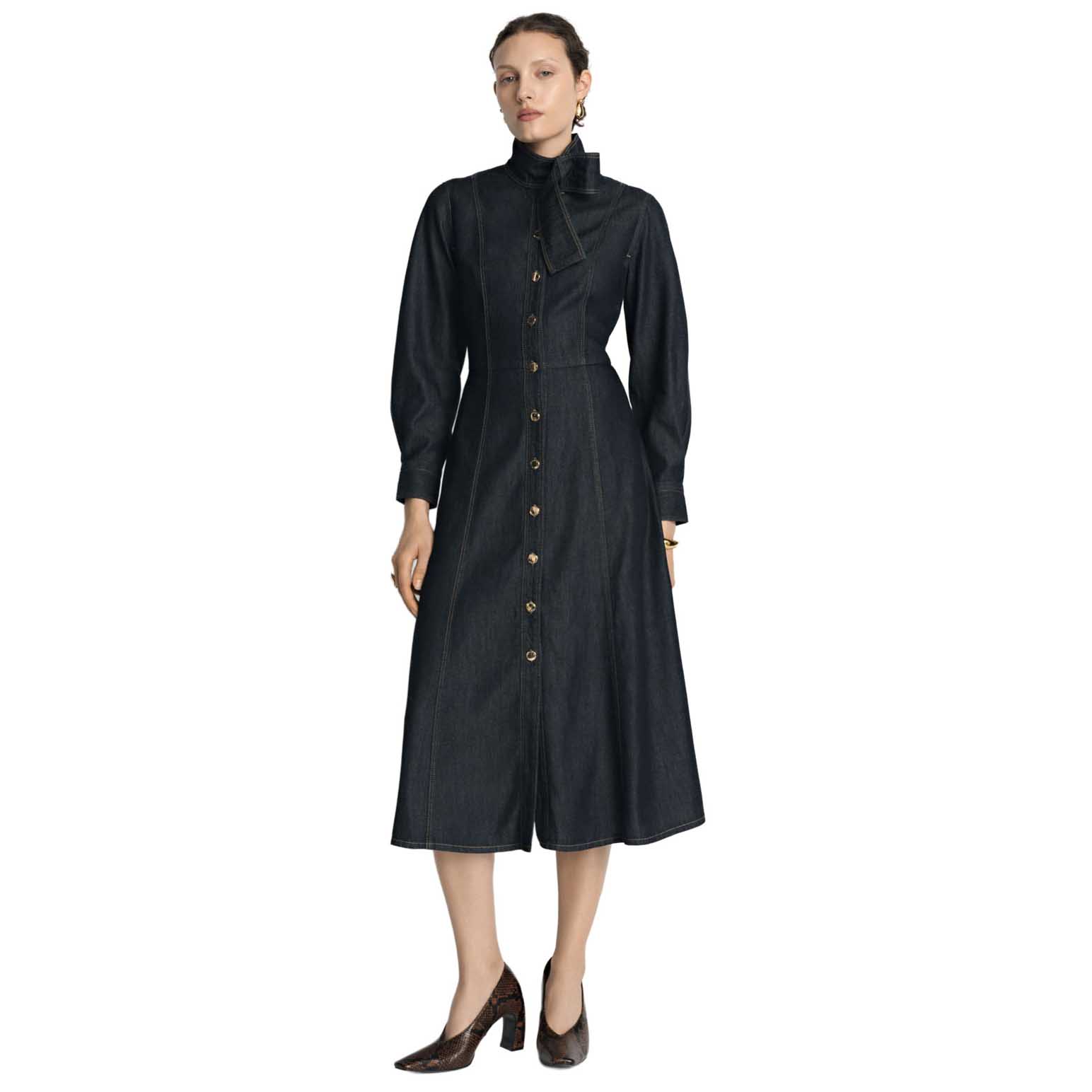 Veronika Maine Denim Tie Neck Shirtdress